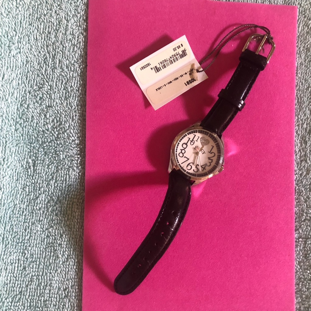 NWT Juicy Couture Black Leather Strap Wristwatch with White Dial